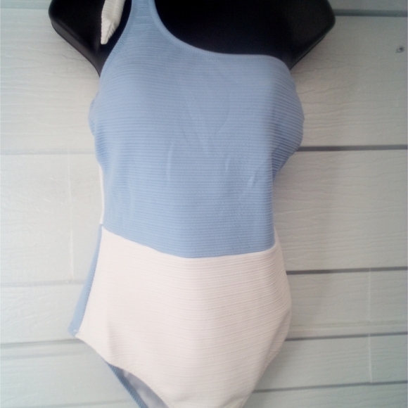 Blue and white one piece swimsuit. - Picture 3 of 7